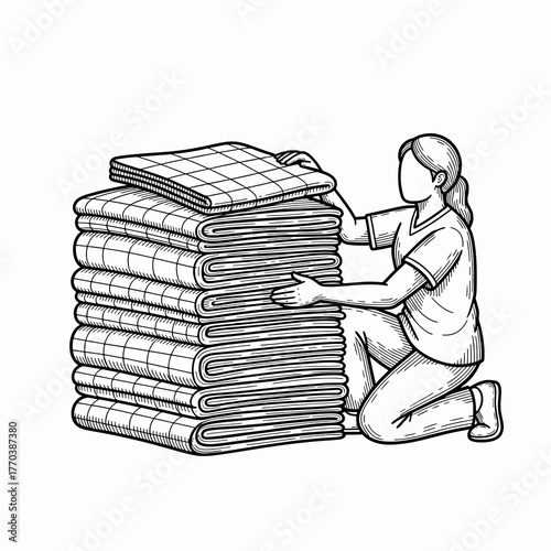 A volunteer stacking a pile of folded blankets. Hand-drawn line art sketch representing charity, donation, and humanitarian aid