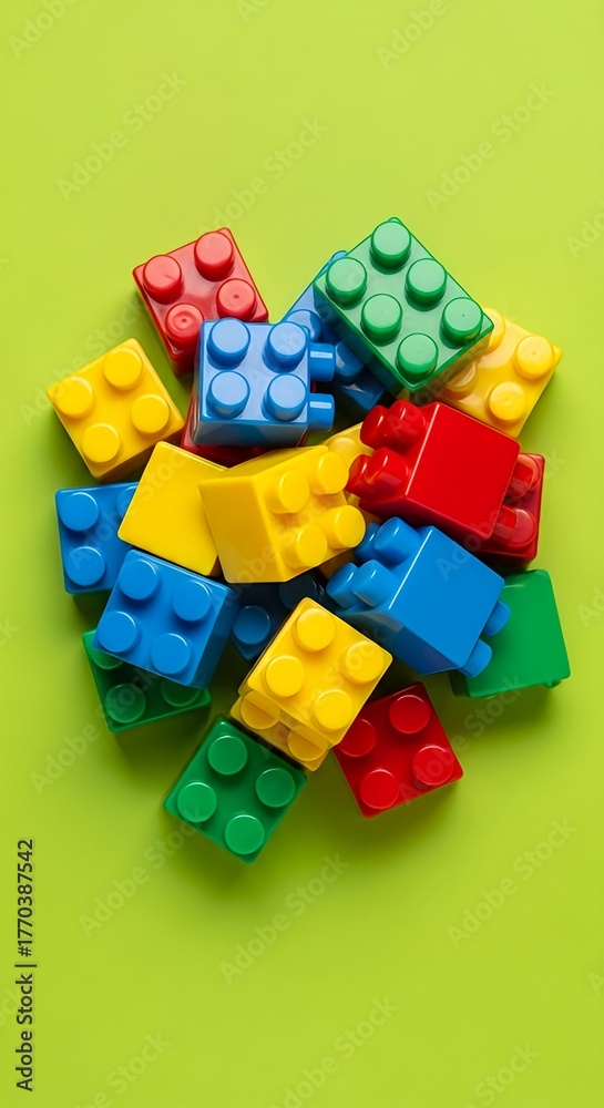 Fototapeta premium Overhead close-up of a vibrant pile of assorted plastic building blocks (like plastic building bricks) in primary colors (red, blue, yellow, green) on a green background.