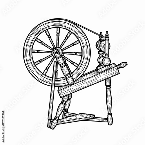 Vintage wooden spinning wheel line art. Hand-drawn antique craft tool sketch. Engraving style graphic isolated on white background