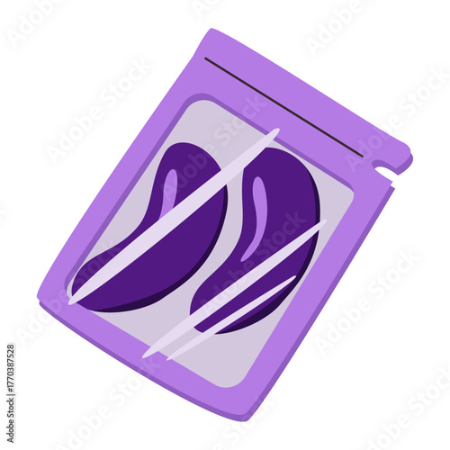 Lavender hydrogel eye patches in individual packaging. Vector illustration of cosmetic skin care with lifting and anti-wrinkle. Remedy for dark circles under the eyes