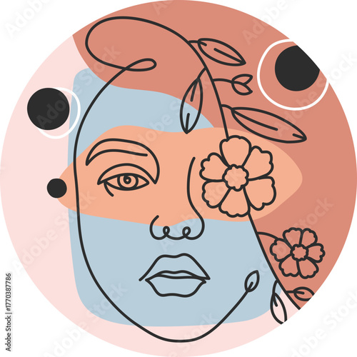 Social media highlight covers. Abstract boho story icons for beauty bloggers with female faces, hands and flowers, round shaped vector set