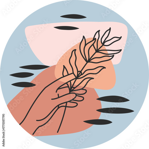 Social media highlight covers. Abstract boho story icons for beauty bloggers with female faces, hands and flowers, round shaped vector set