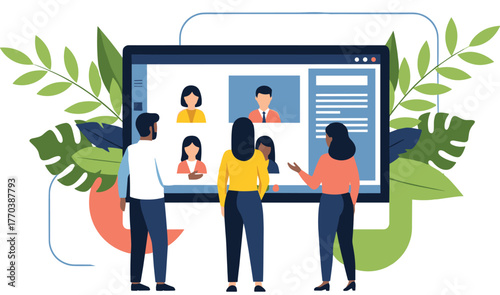 Virtual meeting icon set, video conference with screen participants, remote collaboration, chat sidebar, business communication, vector design, modern workspace