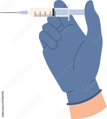 Doctor hands with vaccine. Nurse hand in medical gloves hold syringe and ampoule with medicine. Flu or covid vaccination concept vector set