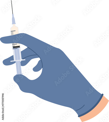 Doctor hands with vaccine. Nurse hand in medical gloves hold syringe and ampoule with medicine. Flu or covid vaccination concept vector set