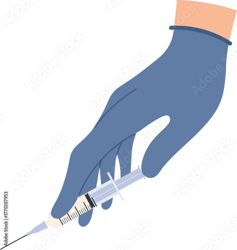 Doctor hands with vaccine. Nurse hand in medical gloves hold syringe and ampoule with medicine. Flu or covid vaccination concept vector set