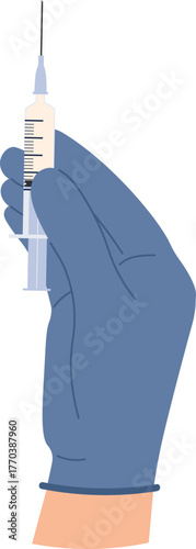 Doctor hands with vaccine. Nurse hand in medical gloves hold syringe and ampoule with medicine. Flu or covid vaccination concept vector set