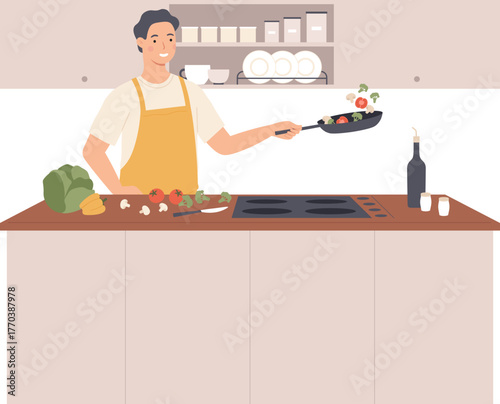 People cooking at home. Men and women preparing food in kitchen interior. Characters bake, fry and boil meal. Cartoon culinary vector set