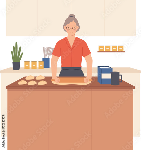 People cooking at home. Men and women preparing food in kitchen interior. Characters bake, fry and boil meal. Cartoon culinary vector set