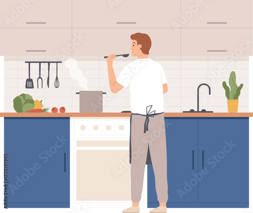 People cooking at home. Men and women preparing food in kitchen interior. Characters bake, fry and boil meal. Cartoon culinary vector set