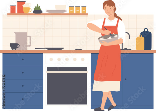 People cooking at home. Men and women preparing food in kitchen interior. Characters bake, fry and boil meal. Cartoon culinary vector set