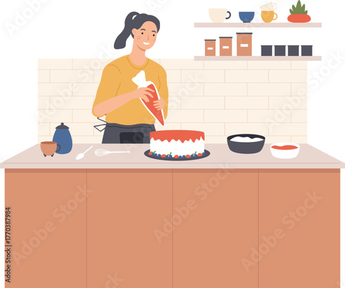People cooking at home. Men and women preparing food in kitchen interior. Characters bake, fry and boil meal. Cartoon culinary vector set