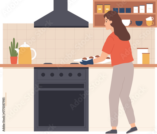 People cooking at home. Men and women preparing food in kitchen interior. Characters bake, fry and boil meal. Cartoon culinary vector set