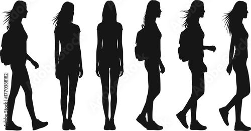 Walking motion icon set, silhouette person with backpack in dynamic steps, black and white illustration, travel, movement, casual, youth, vector grid