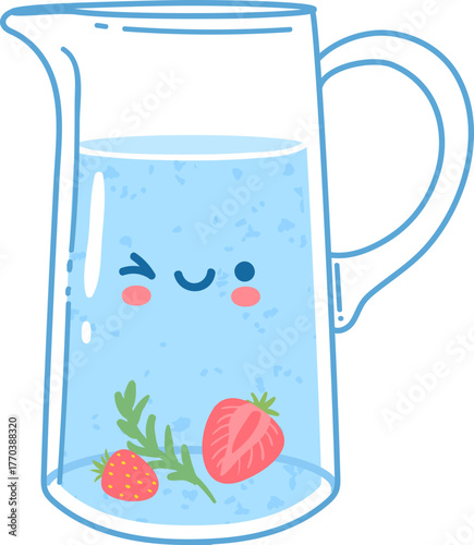 Drink more water. Bottles, glass and jug with funny cartoon faces. Detox waters with lemon and mint. Motivation for health habit vector set