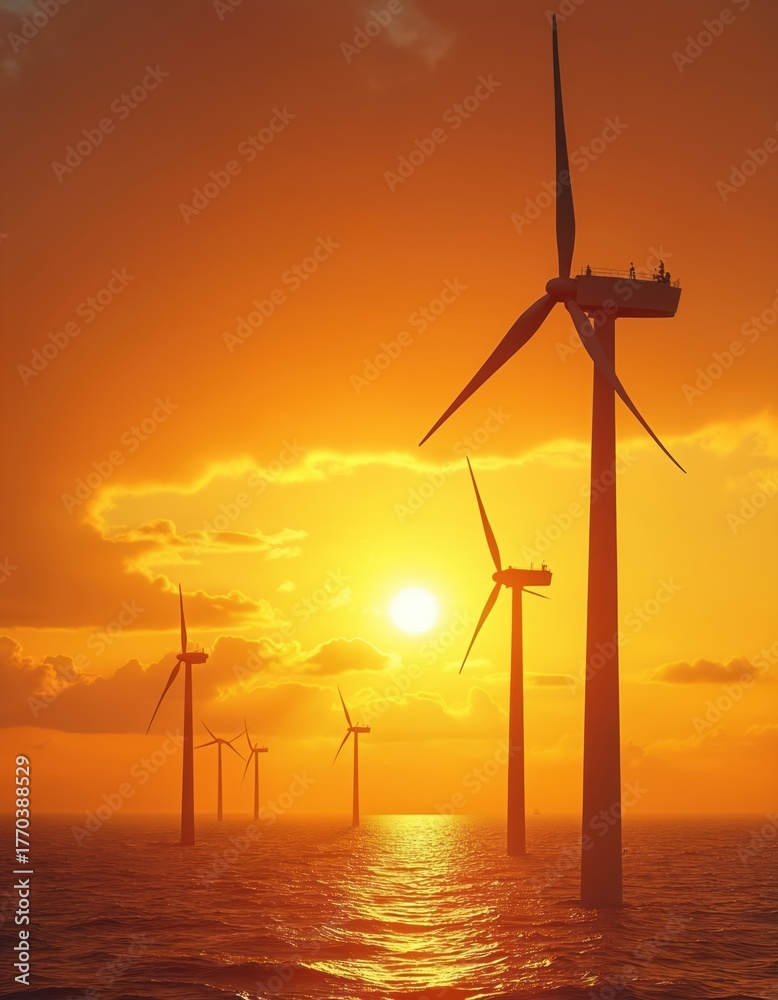 Obraz premium Offshore wind turbines stand tall in vast ocean water during vibrant orange sunset. Sun shines brightly reflecting on sea waves. People work on one large wind generator. Eco power plant creates clean
