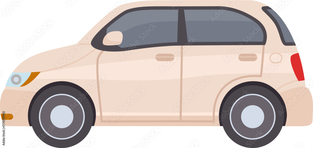 Fototapeta premium Flat cars. Cartoon vehicle side view. Taxi, minivan, mini car, suv and pickup truck. City auto transport icons. Automobile design vector set