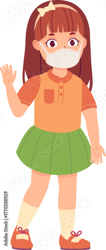 Teacher and student in masks. New normal life in school or kindergarten. Children learning safe, preventing Covid-19 disease vector concept