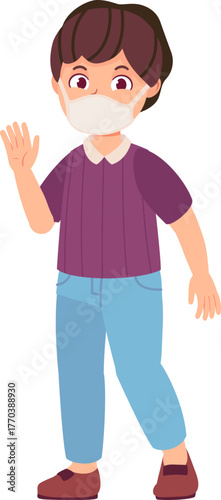 Teacher and student in masks. New normal life in school or kindergarten. Children learning safe, preventing Covid-19 disease vector concept