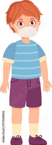 Teacher and student in masks. New normal life in school or kindergarten. Children learning safe, preventing Covid-19 disease vector concept