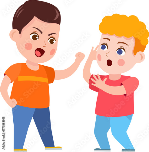 Bully child. Cartoon bad kid fight and mock crying girl. Verbal and physical bullying. Problem behavior children in kindergarten vector set