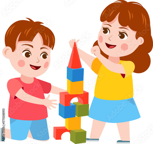 Brother and sister fight. Cartoon siblings angry, quarrel and cry. Kids fighting over a toy, playing together and holding hands vector set