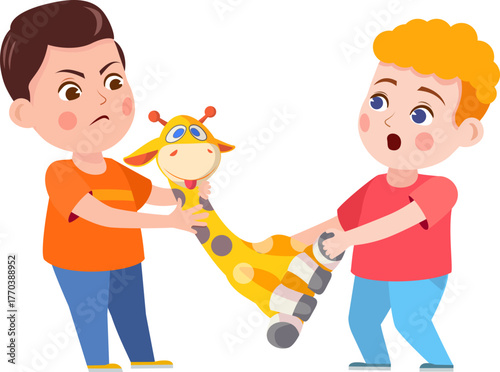 Bully child. Cartoon bad kid fight and mock crying girl. Verbal and physical bullying. Problem behavior children in kindergarten vector set