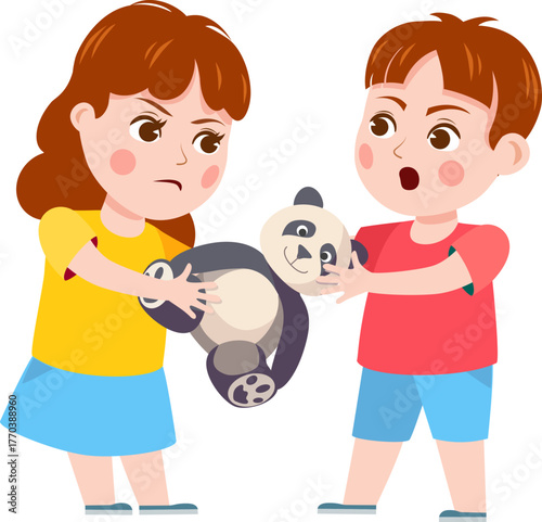 Brother and sister fight. Cartoon siblings angry, quarrel and cry. Kids fighting over a toy, playing together and holding hands vector set