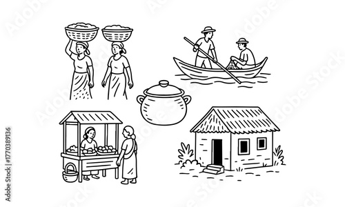Village life scenes in a hand drawn sketch style