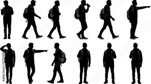 Casual backpack silhouettes, walking and standing poses, black vector illustration set, lifestyle concept, youth travel, character design reference