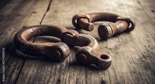 Antique shackles lying open on aged wooden surface, symbolizing historical abolition of slavery