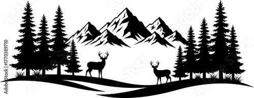 Mountain forest silhouette, deer in nature, pine trees, wildlife scene, peaceful landscape, black and white art, wilderness illustration, symmetry