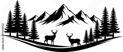 Mountain landscape silhouette, deer in forest, pine trees, wildlife scene, nature illustration, wilderness view, peaceful outdoors, black and white art