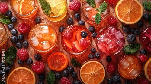 Refreshing fruit iced tea summer drinks, wooden background, top view, advertisement