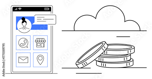 Mobile screen with user profile, app icons, coins, and a cloud symbol. Ideal for online payment, digital wallet, e-commerce, mobile apps, technology financial planning simple flat metaphor