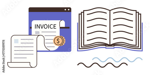 Open book and financial invoice with scrolling receipts and a dollar coin. Ideal for accounting, invoicing, education, bookkeeping, finance, budgeting, documentation. Simple flat metaphor