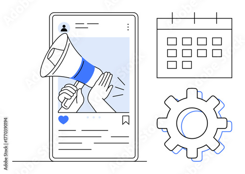 Megaphone on a mobile screen signifies promotion, calendar implies scheduling, gear represents operational strategy. Ideal for marketing, branding, planning, promotion, scheduling, social media