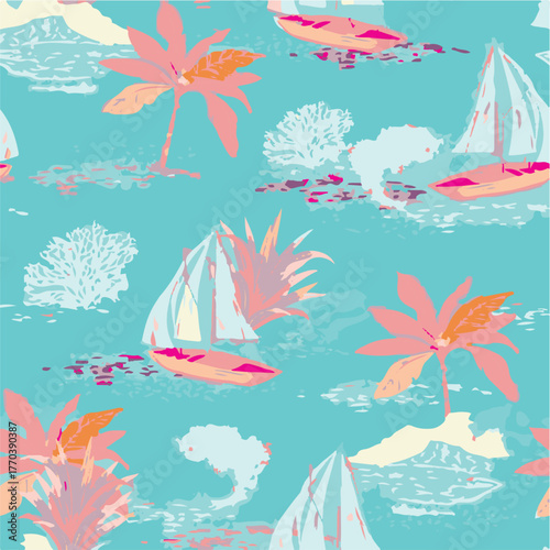 Smooth Water Flow Ripple Lines,Beautiful Hand drawing colorful wind surf seamless pattern in vector. Flat style illustration. Summer beach surfing illustration in the ocean on navy background.