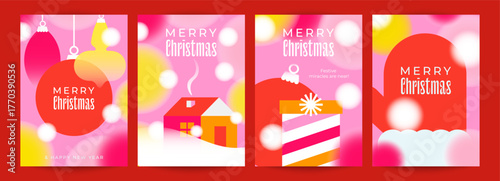 Merry Christmas and New Year set of modern Christmas cards. Festive minimalist illustrations with gifts, ornaments, a snowy house, and a mitten. Perfect for posters, invitations, backgrounds, banners.