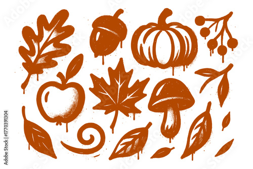 Trendy fall graffiti icons for seasonal ads and food content, perfect for Thanksgiving, harvest themes, and autumn branding.