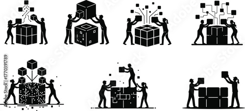 PrintTeamwork building data blocks, blockchain technology concept, digital innovation, decentralized system development, data management, future technology, artificial intelligence collaboration