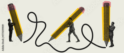 Creative halftone illustration of businessmen holding giant pencils symbolizing ideas, design, and productivity