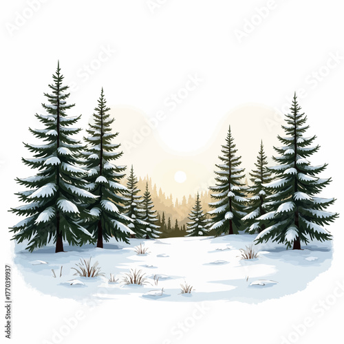 Snow-covered fir tree forest under soft morning sunlight in sketchy doodle style  