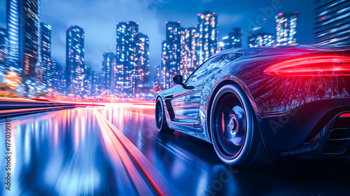 A sports car speeding along a night highway with a glowing city skyline in the background