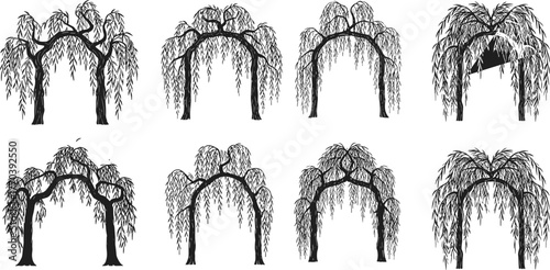 PrintWillow tree arch silhouette collection, garden landscape design elements, natural archway illustrations, botanical nature art, black and white trees, vector set