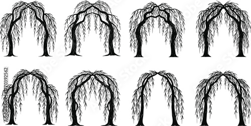PrintWillow tree arch silhouette set, natural garden entrance illustration, botanical vector design, nature art collection, black and white landscape elements