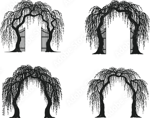 PrintWillow tree arch with garden gate silhouette, natural entrance design, botanical landscape vector illustration, black and white nature art elements