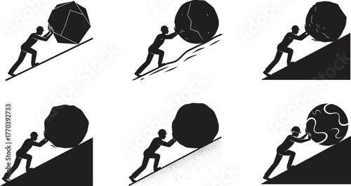 PrintWorker pushing huge boulder uphill, perseverance and hard work concept, determination, effort, challenge, strength, struggle, motivation, achievement, success
