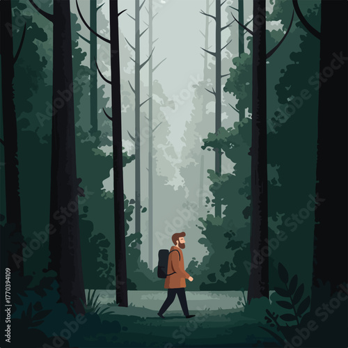 A hiker strolls through a moody, misty forest. Tall trees frame the path, leading to a veiled background