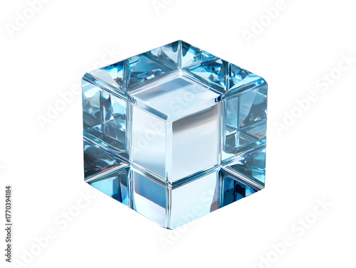 Geometric faceted glass cube object , isolated on transparent cutout background

